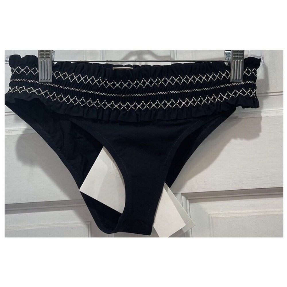 Tory Burch Swim Costa Smocked Black Ivory Hipster Bikini Bottom Size XS